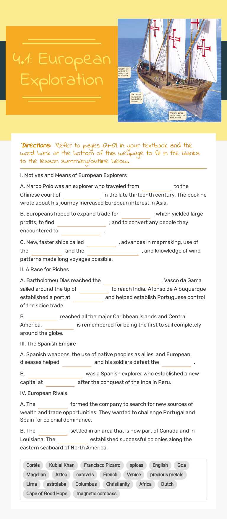 4.1:  European Exploration Grade 9 worksheet preview