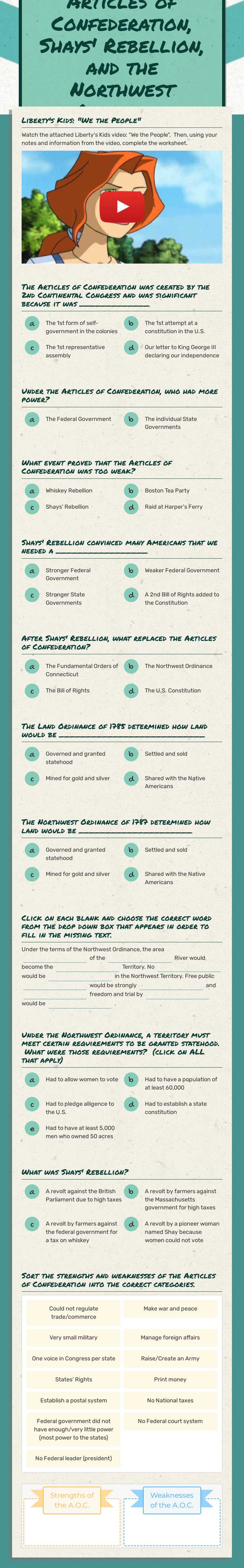 Articles of Confederation, Shays' Rebellion, and the Northwest Ordinance worksheet preview image