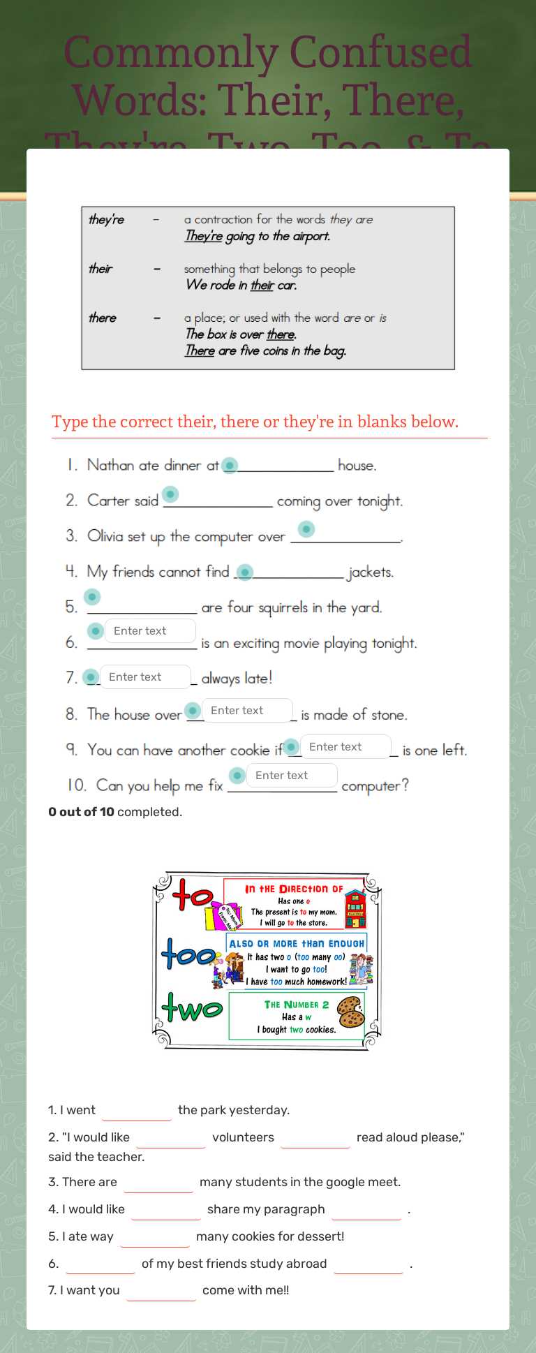 Commonly Confused Words: Their, There, They're, Two, Too, & To worksheet preview image