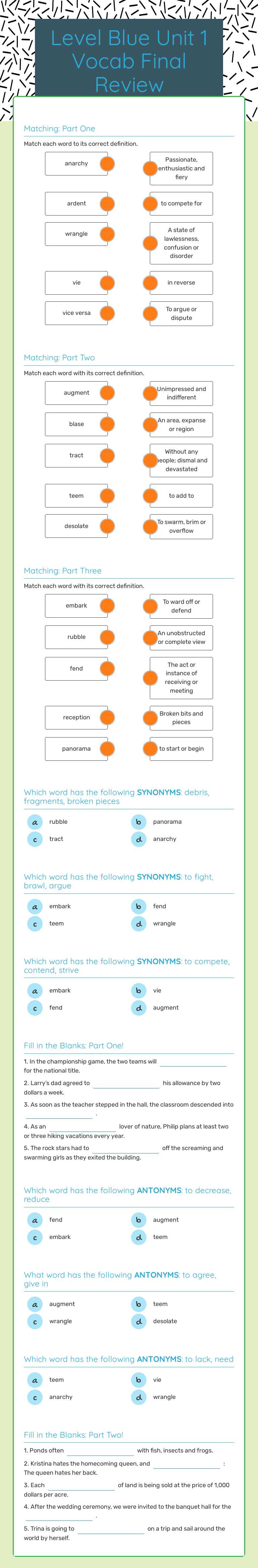 Level Blue Unit 1 Vocab Final Review worksheet preview image