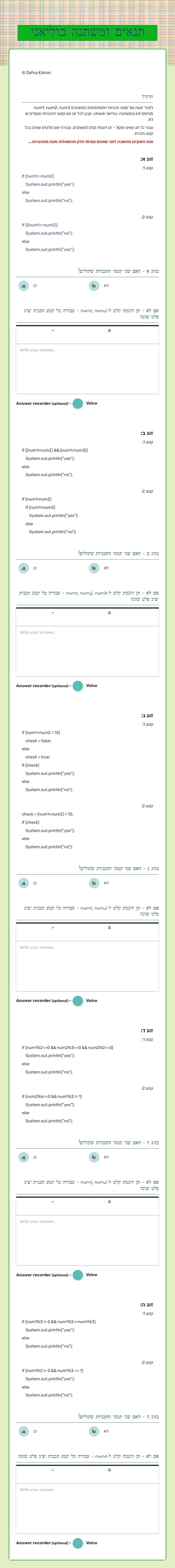 תנאים ומשתנה בוליאני worksheet preview image
