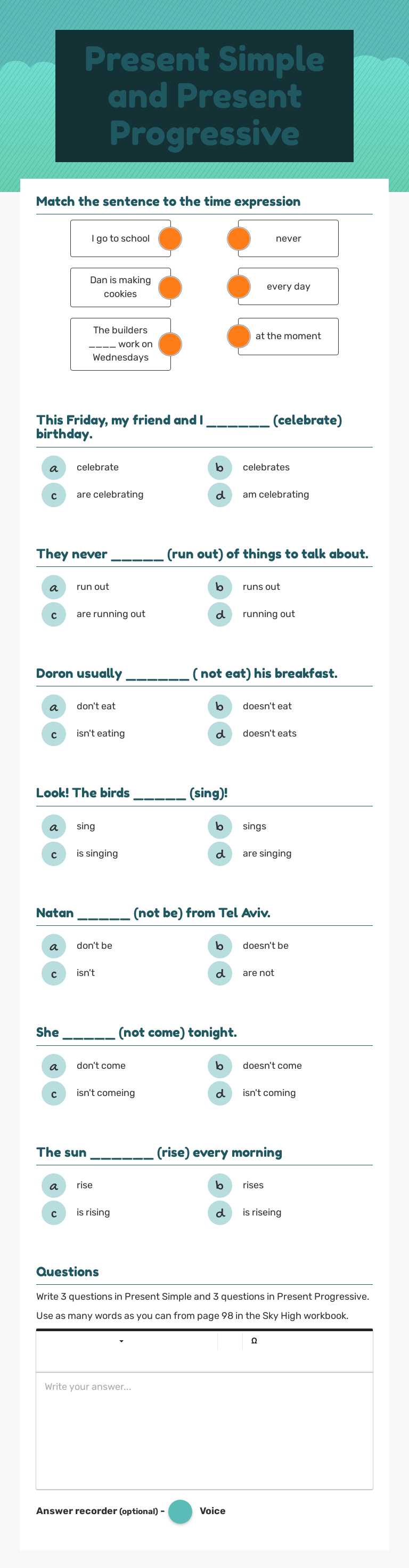 Present Simple and Present Progressive worksheet preview image