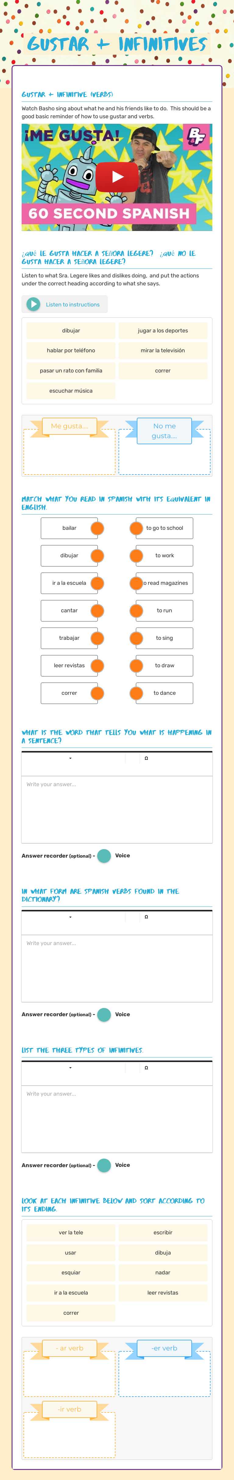 gustar + infinitives worksheet preview image