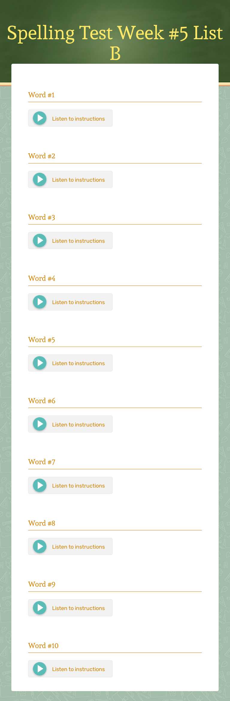 Spelling Test Week #5 List B Grade 9 worksheet preview
