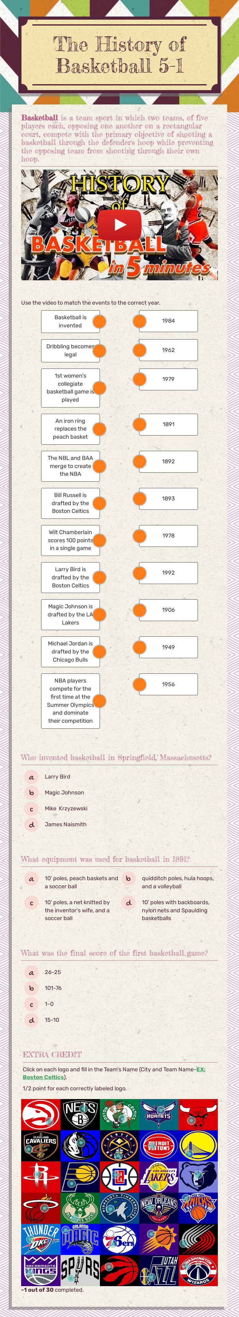 The History of Basketball 5-1 Grade 5 worksheet preview