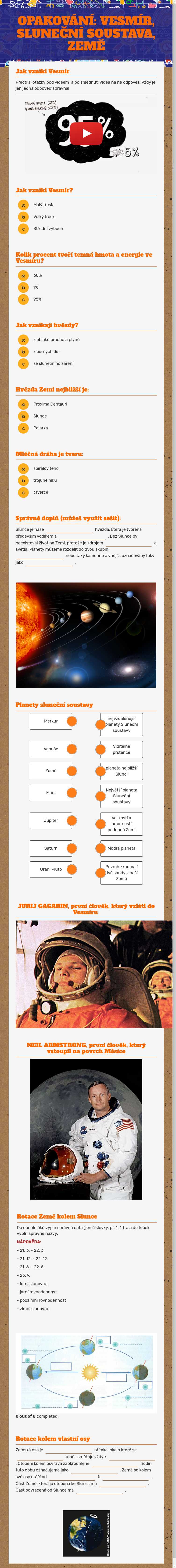 OPAKOVÁNÍ: VESMÍR, SLUNEČNÍ SOUSTAVA, ZEMĚ worksheet preview image