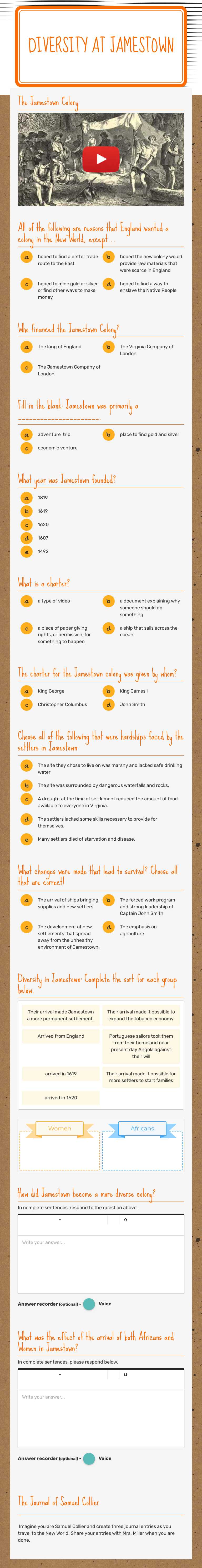 Diversity at Jamestown worksheet preview image