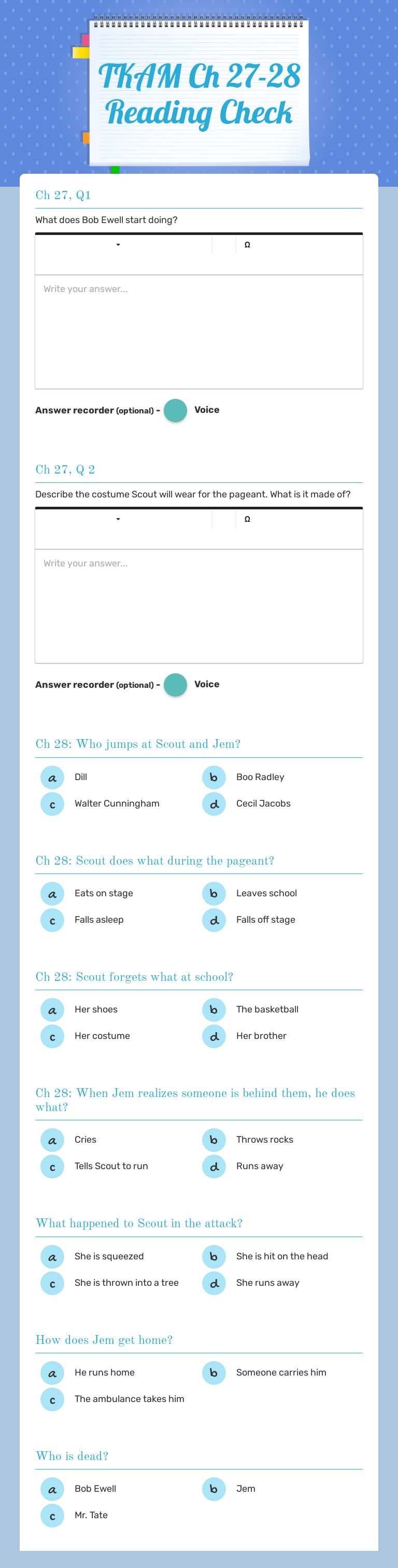 TKAM Ch 27-28 Reading Check worksheet preview image