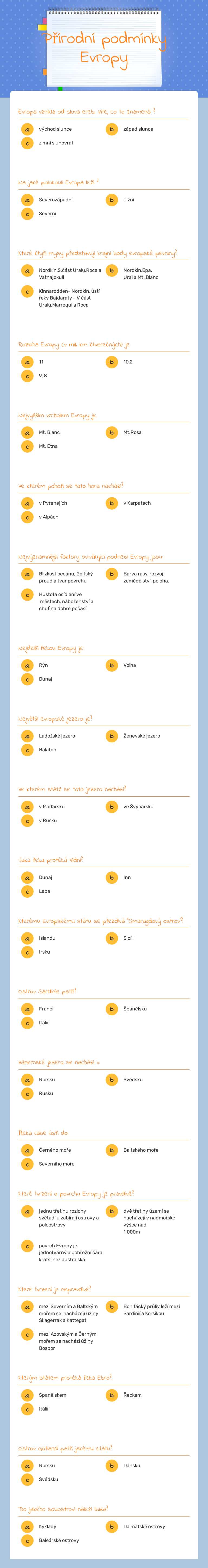 Přírodní podmínky Evropy worksheet preview image