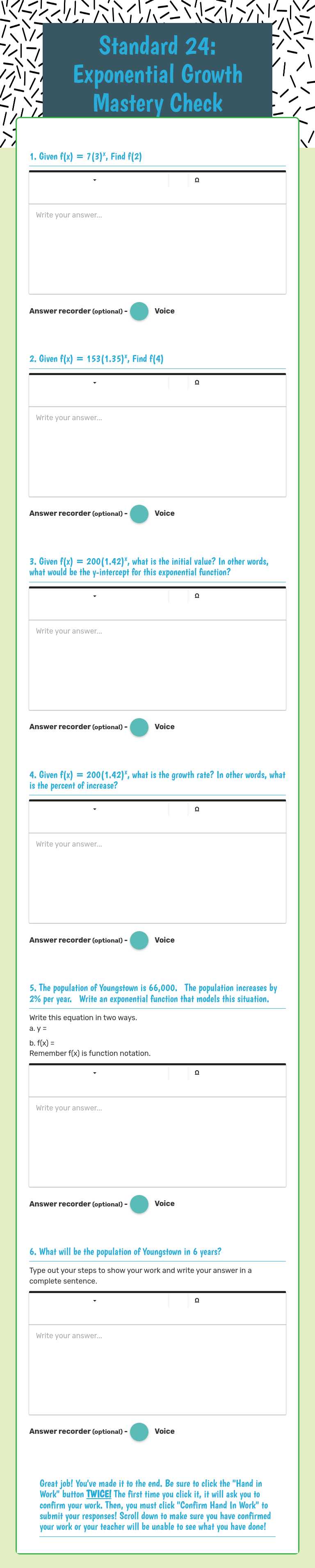 Standard 24: Exponential Growth Mastery Check worksheet preview image