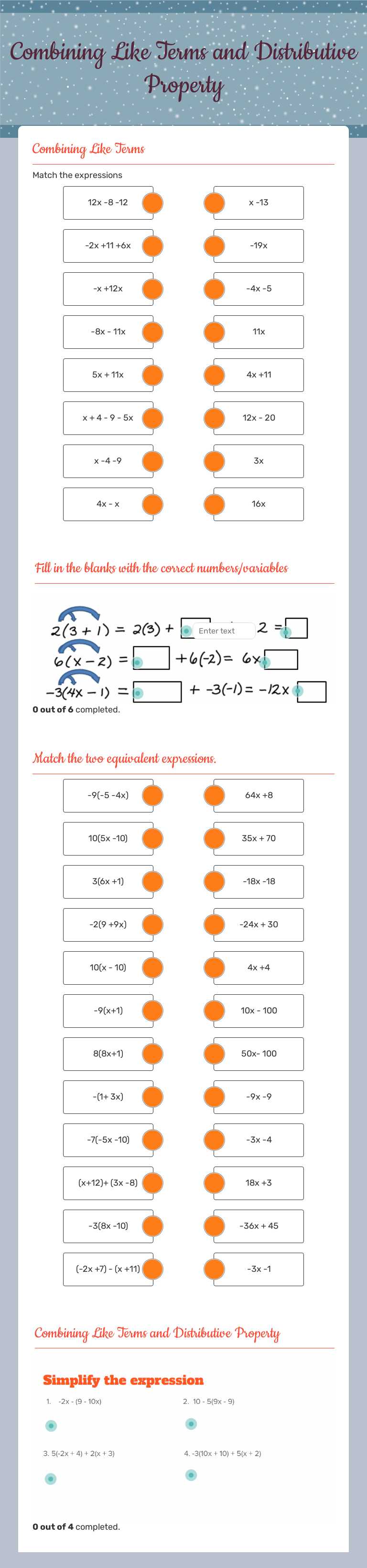 Combining Like Terms and Distributive Property Grade 7 worksheet preview