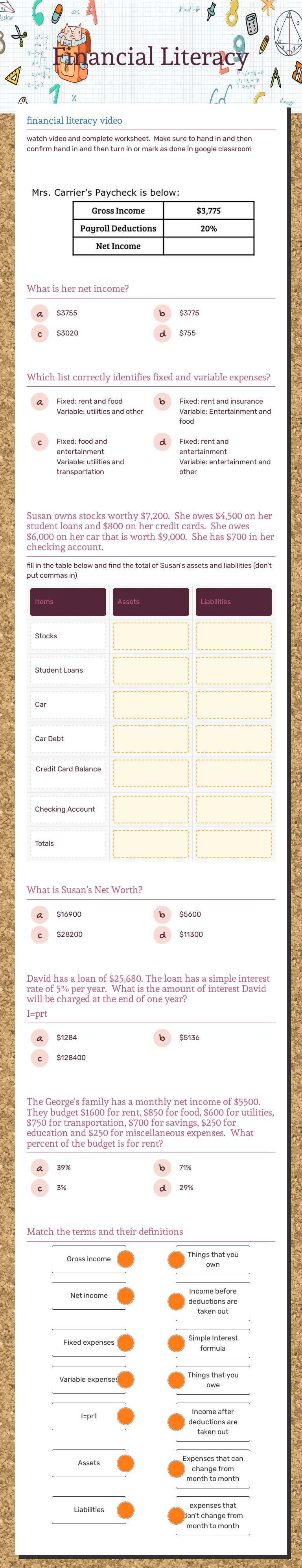 Financial Literacy worksheet preview image