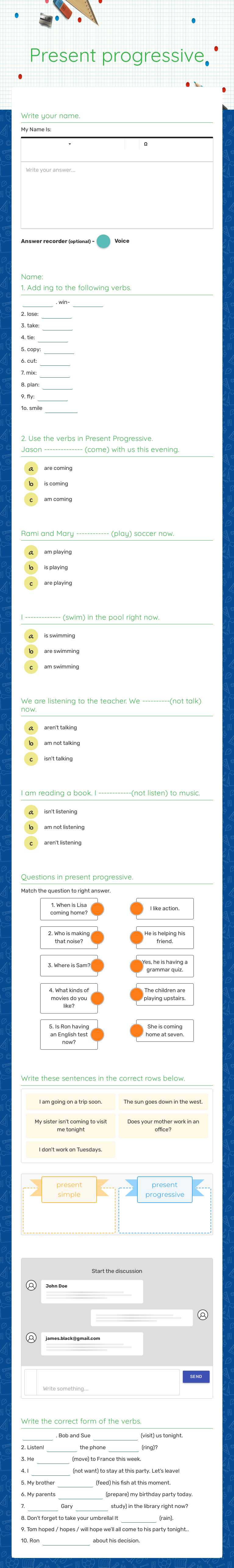 Present progressive worksheet preview image