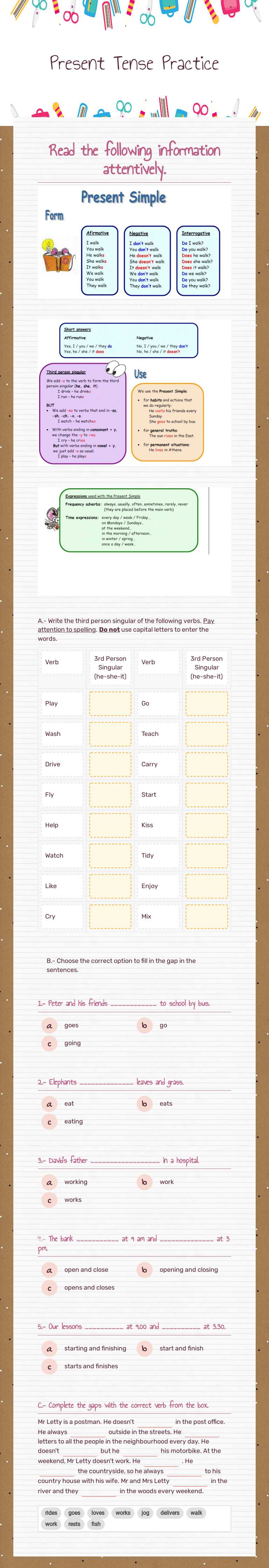 Present Tense Practice Grade 6 worksheet preview