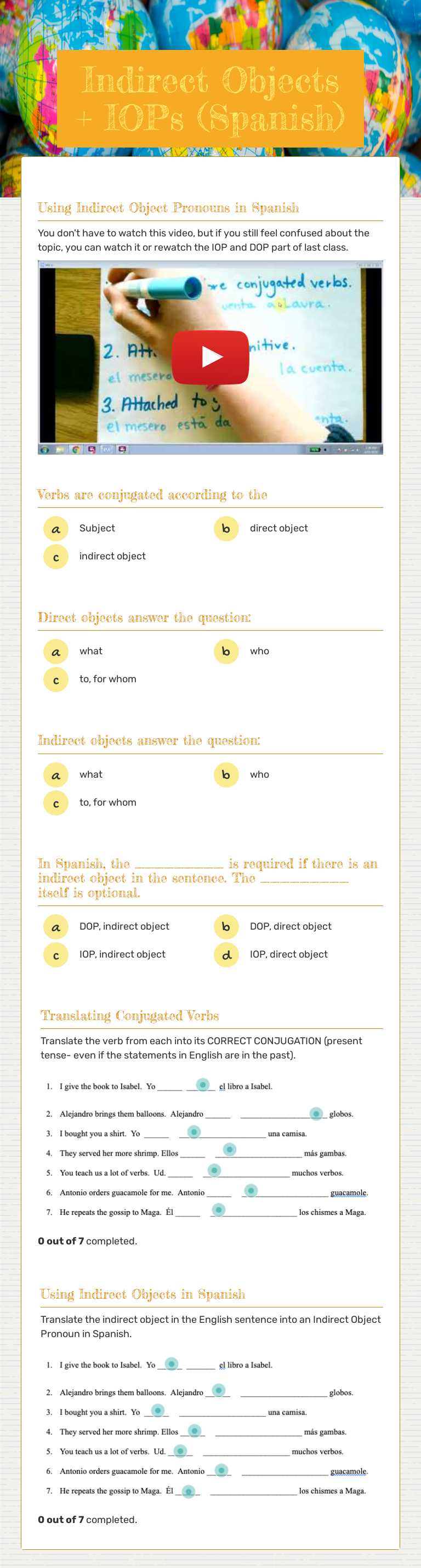 Indirect Objects + IOPs (Spanish) worksheet preview image