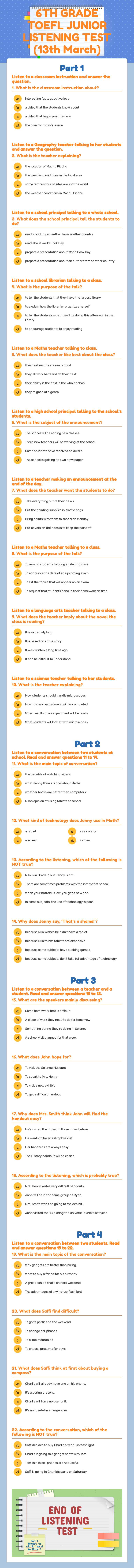 6TH GRADE TOEFL JUNIOR LISTENING TEST  (13th March) worksheet preview image