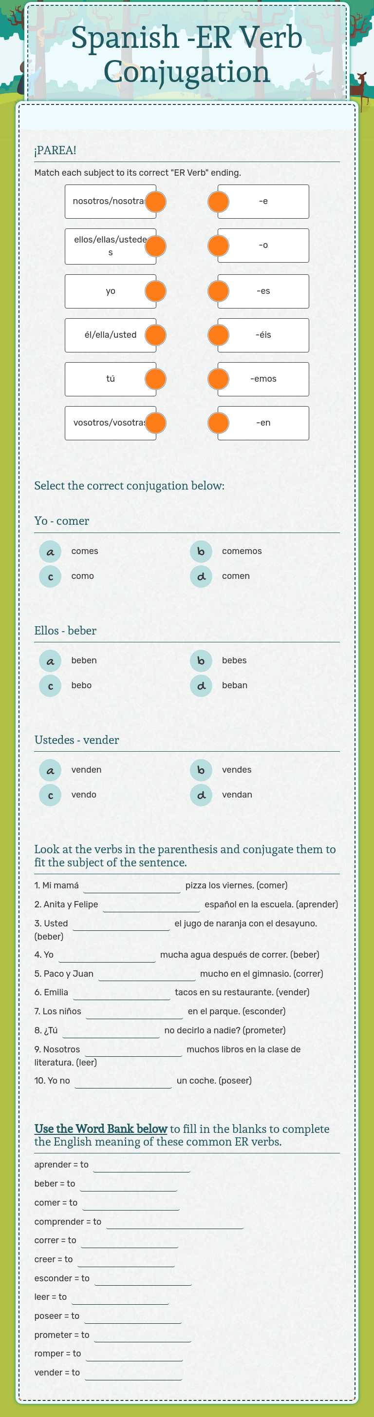 Spanish -ER Verb Conjugation worksheet preview image
