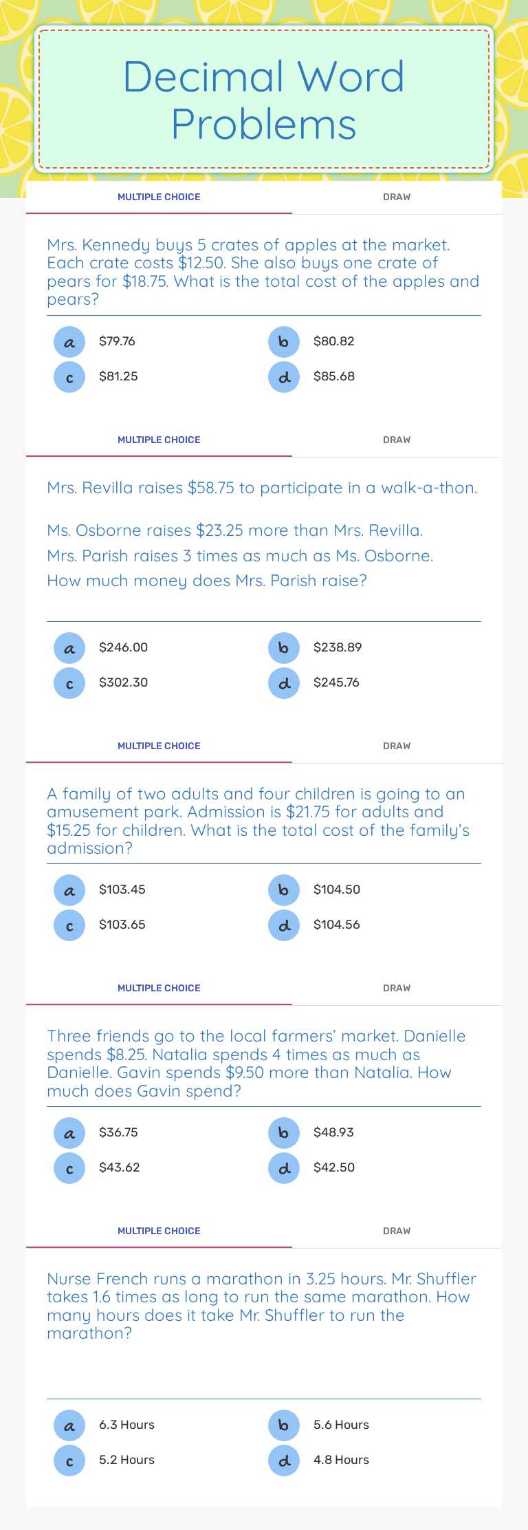 Decimal Word Problems worksheet preview image