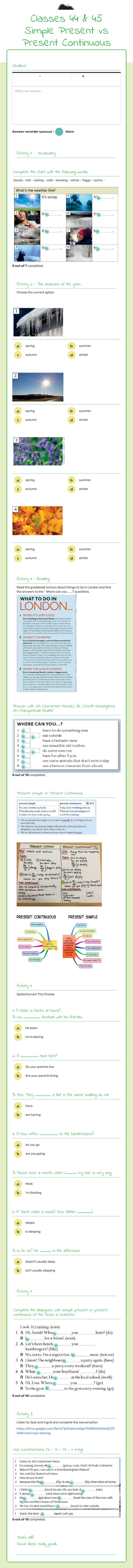 Classes 44 & 45 Simple Present vs Present Continuous worksheet preview image