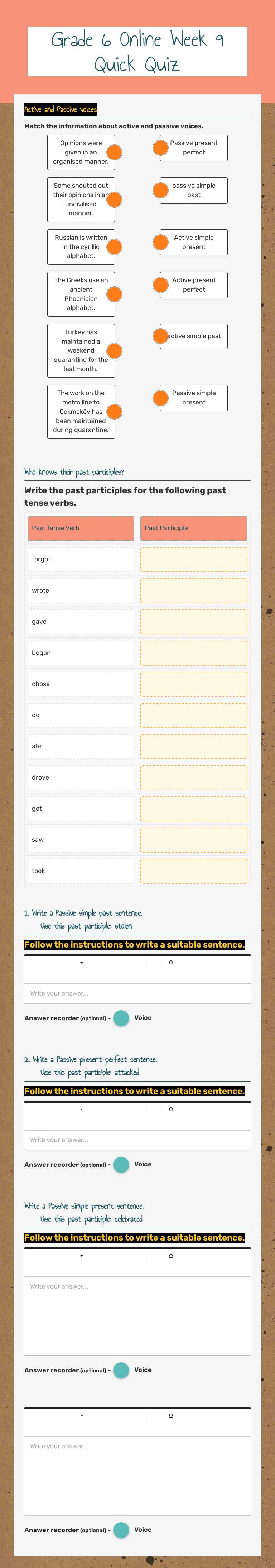Grade 6 Online Week 9   
 Quick Quiz worksheet preview image