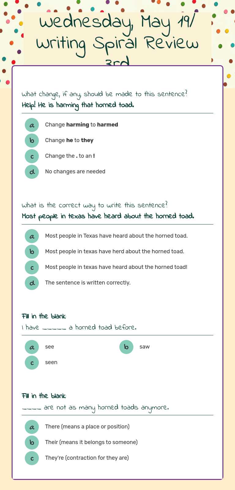 Wednesday, May 19/  Writing Spiral Review 3rd worksheet preview image