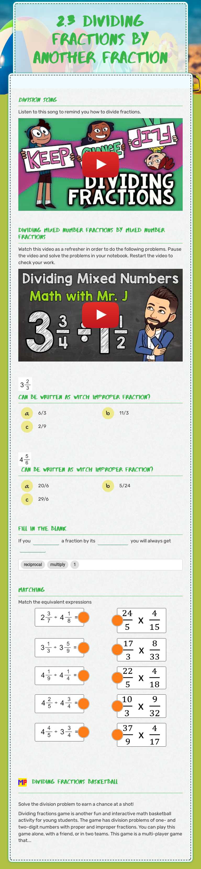 2.3 Dividing Fractions by Another Fraction worksheet preview image