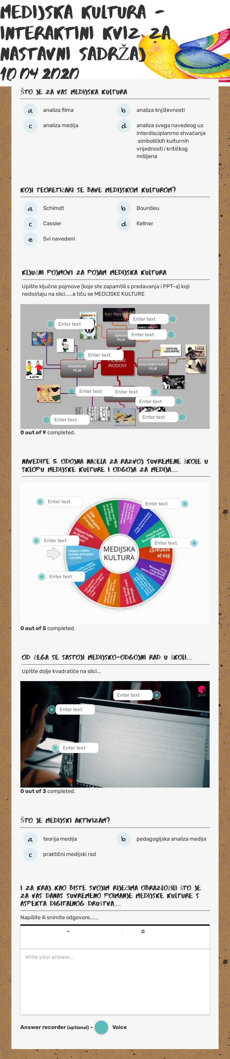 MEDIJSKA KULTURA - INTERAKTINI KVIZ ZA NASTAVNI SADRŽAJ 10.04.2020. worksheet preview image