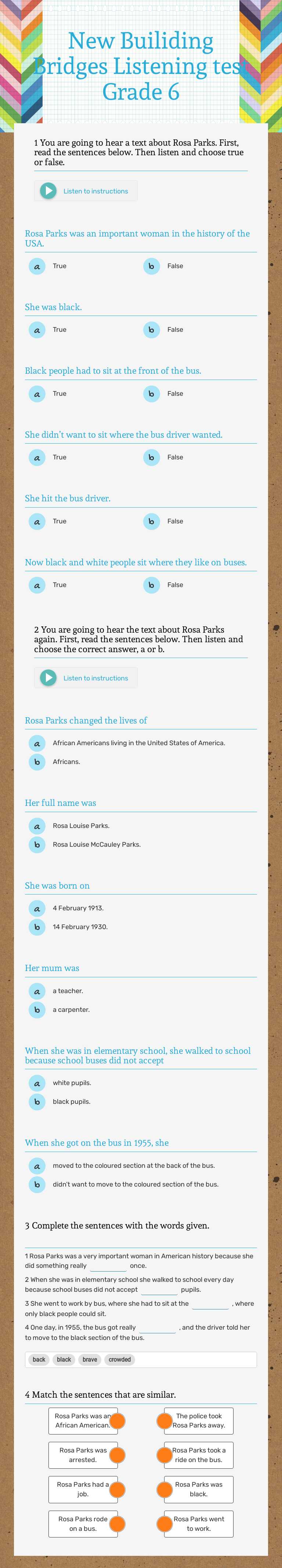 New Builiding Bridges                         Listening test Grade 6 worksheet preview image