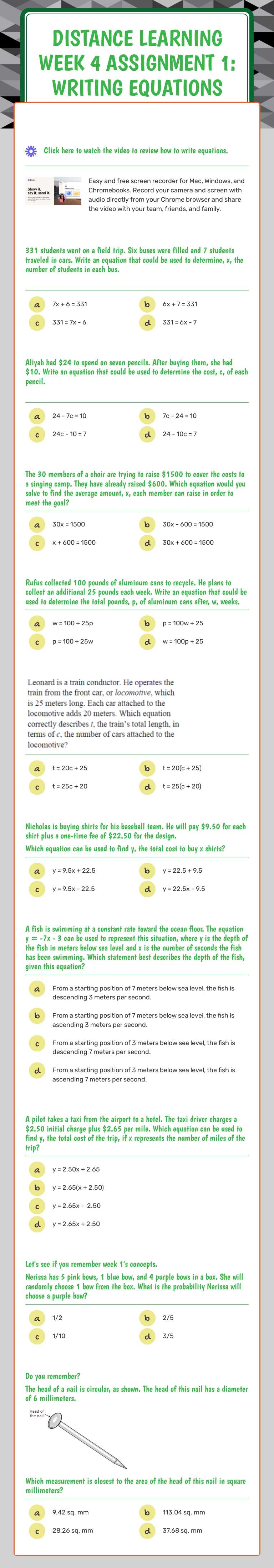 Distance Learning Week 4 Assignment 1: Writing Equations Grade 6 worksheet preview