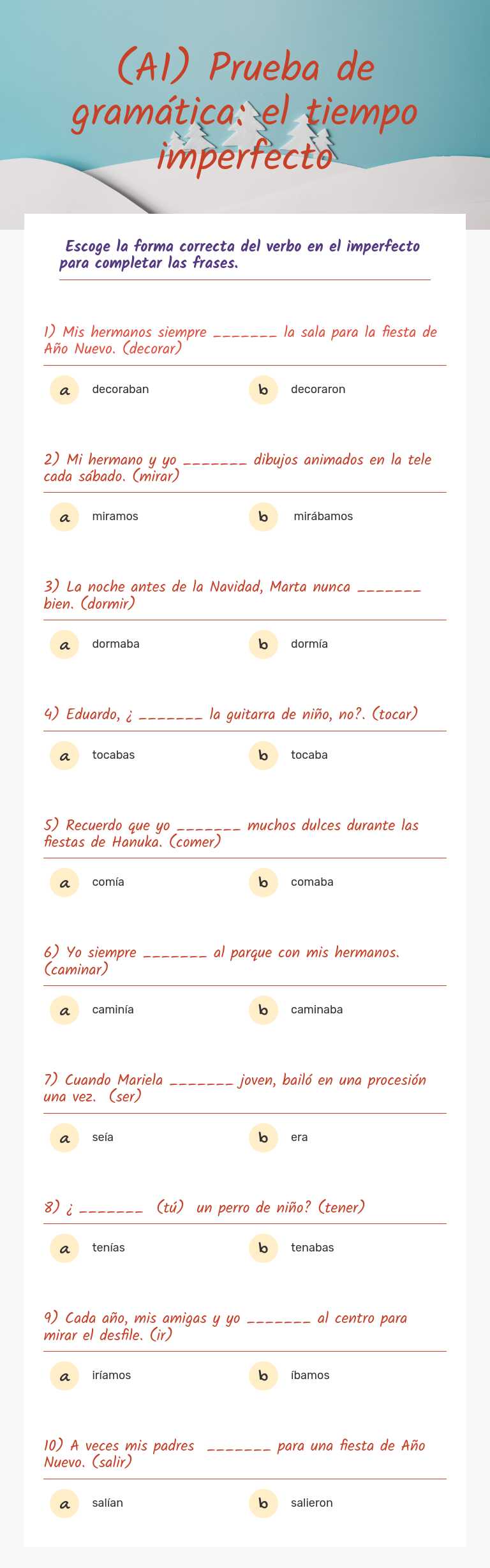 (A1) Prueba de gramática: el tiempo imperfecto worksheet preview image
