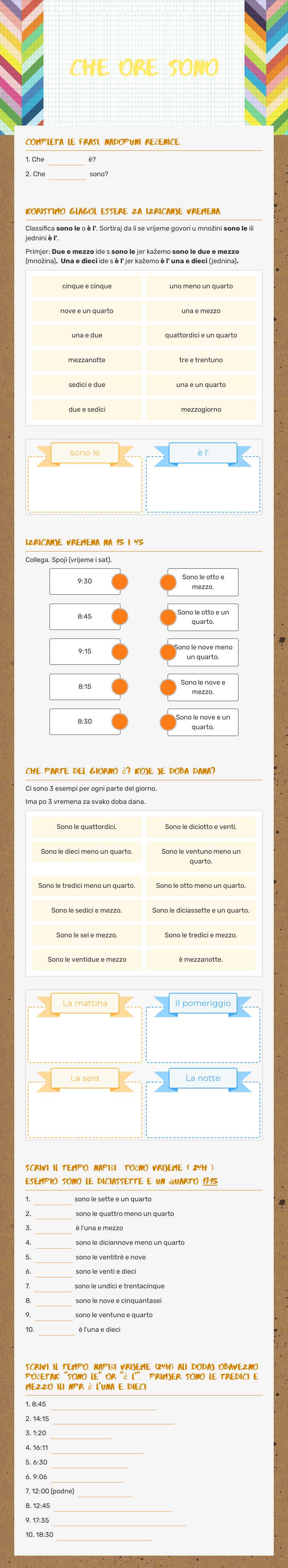che ore sono Grade 6 worksheet preview