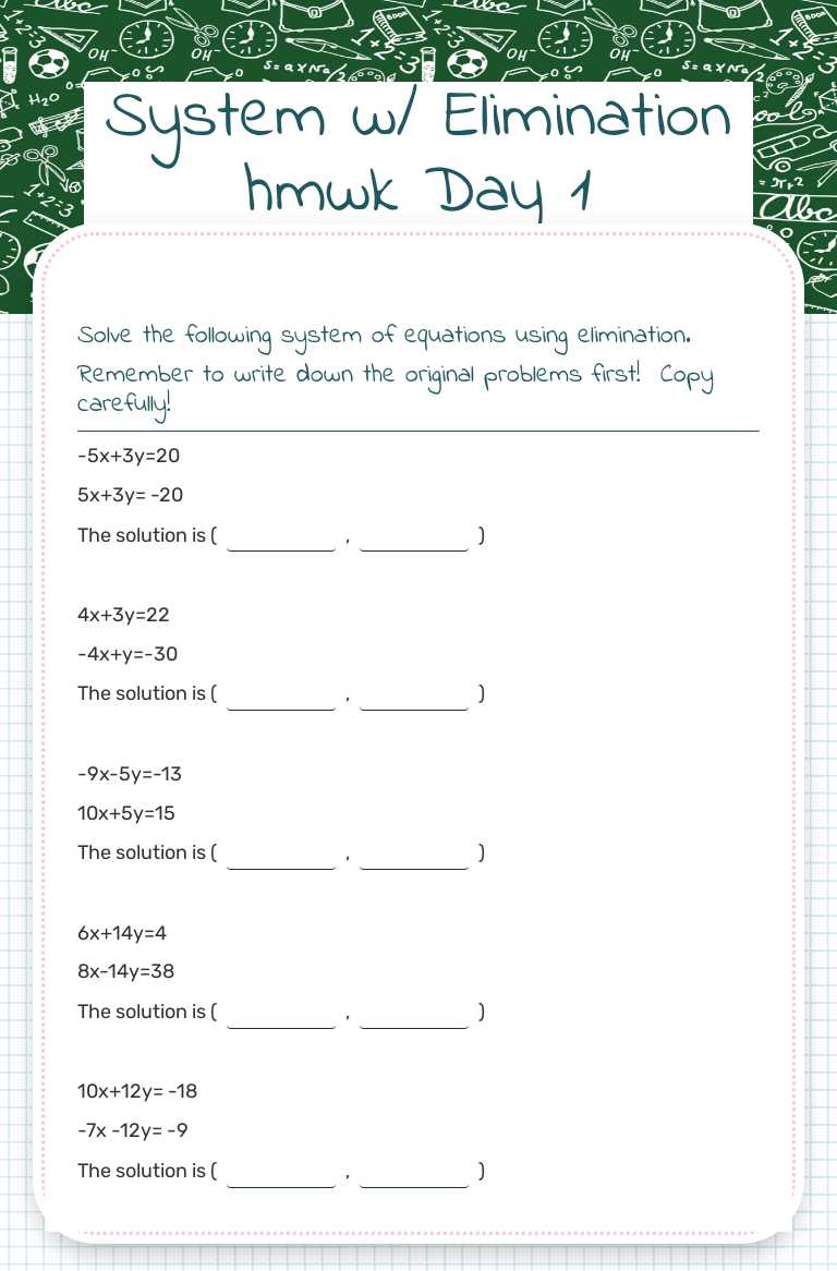 Systems Elimination hmwk  Day 1 worksheet preview image