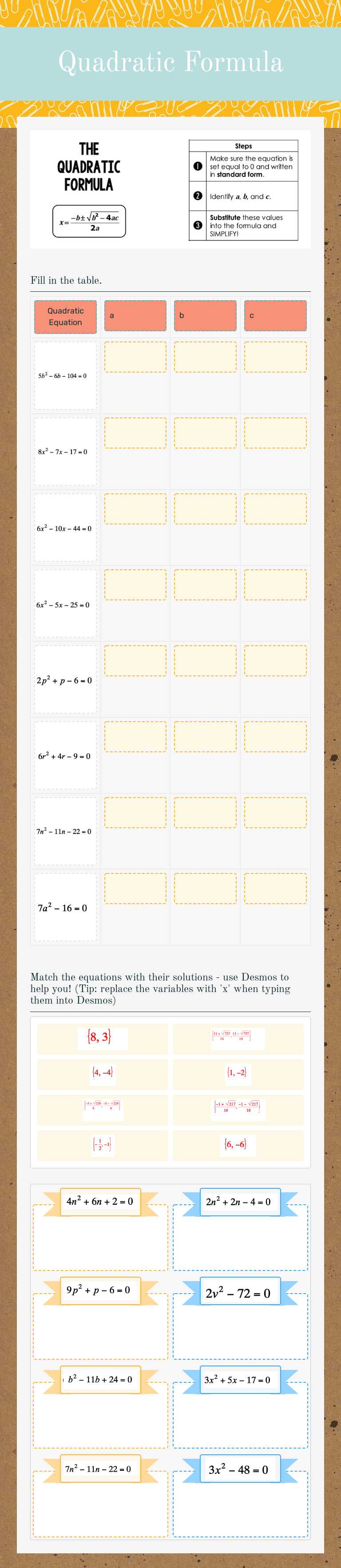 Quadratic Formula Other worksheet preview