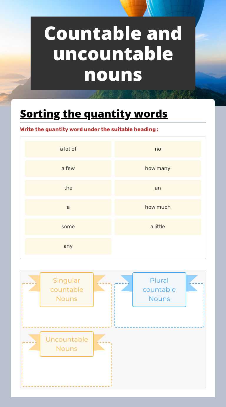 Countable and uncountable  nouns worksheet preview image