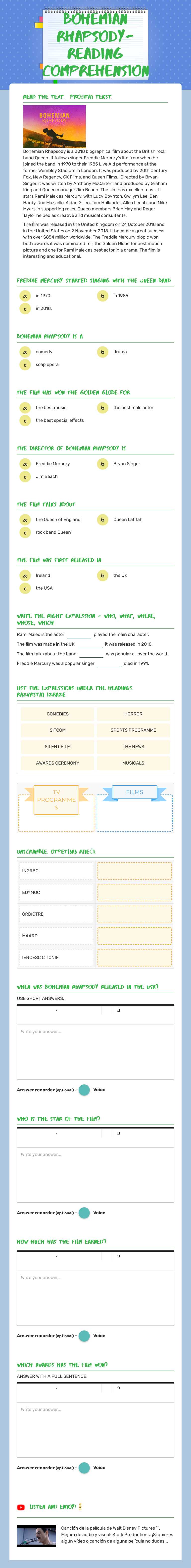 BOHEMIAN RHAPSODY- READING COMPREHENSION worksheet preview image