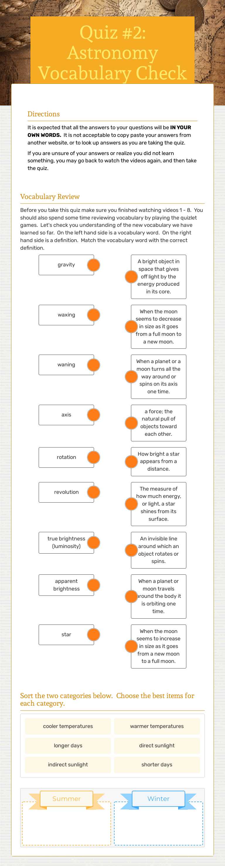 Quiz #2: Astronomy Vocabulary Check worksheet preview image