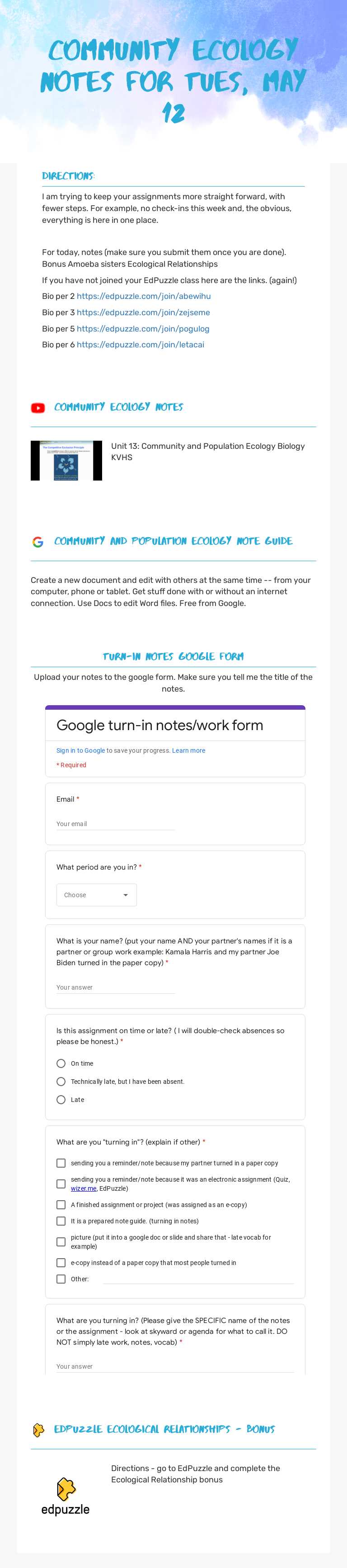 Community Ecology Notes for Tues, May 12 worksheet preview image