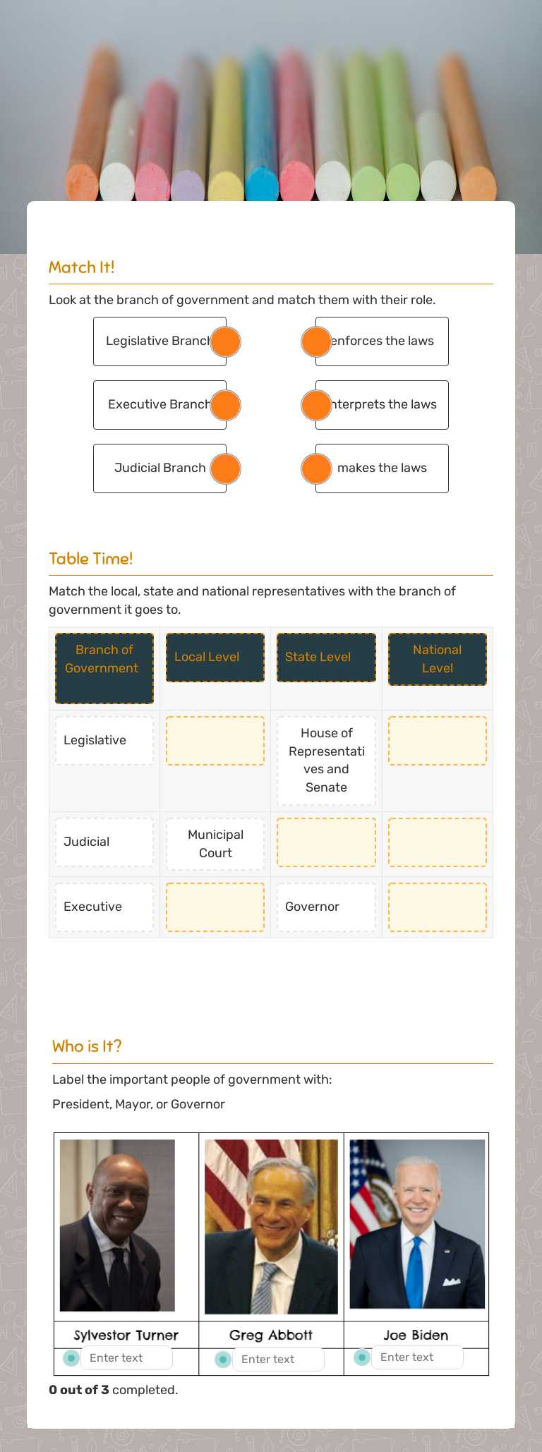 Branches of Government Grade 3 worksheet preview