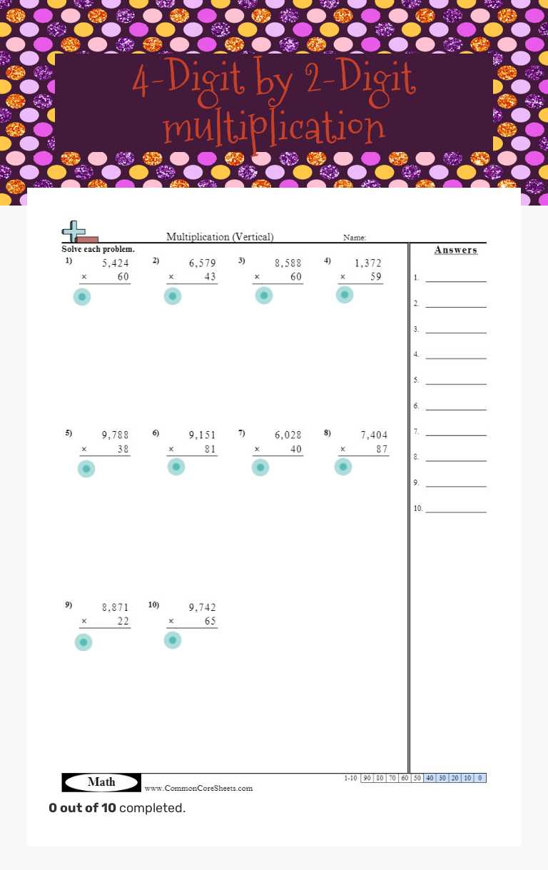 4-Digit by 2-Digit multiplication Grade 5 worksheet preview
