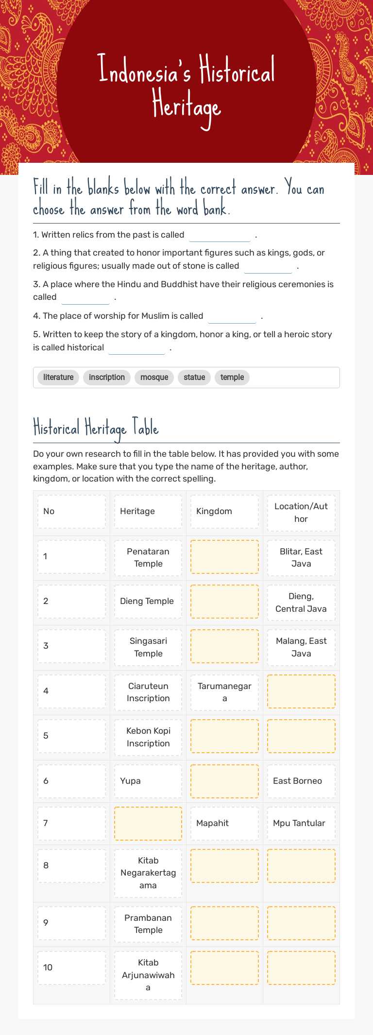Indonesia's Historical Heritage worksheet preview