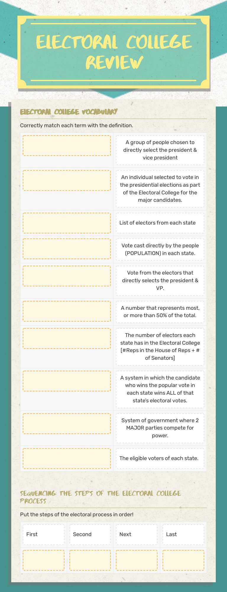 electoral college review worksheet preview image