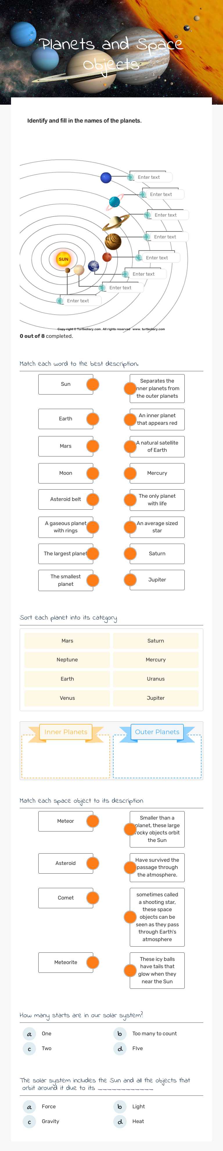 Planets and Space Objects worksheet preview image