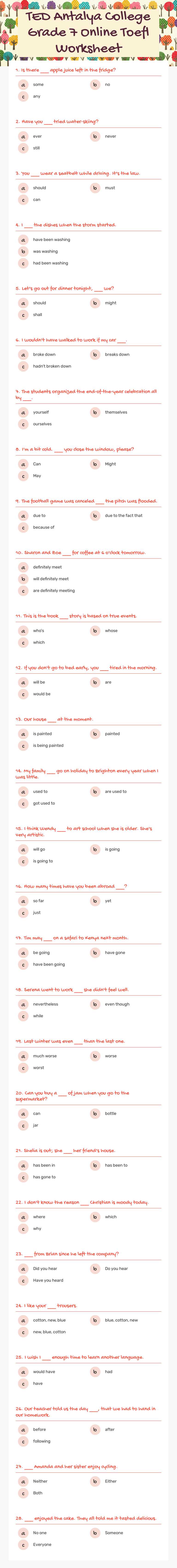 TED Antalya College Grade 7 Online Toefl Worksheet worksheet preview image