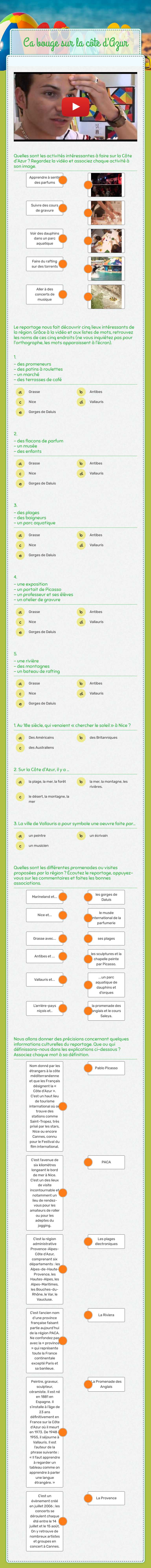 Ca bouge sur la côte d'Azur Grade 10 worksheet preview