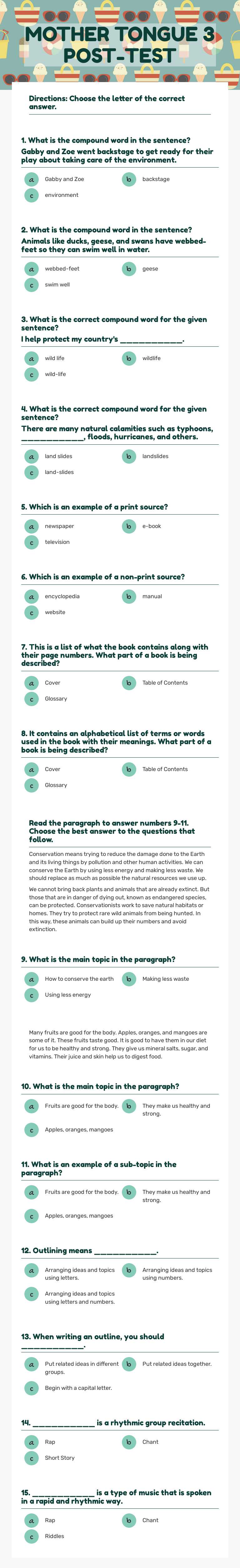 MOTHER TONGUE 3 POST-TEST worksheet preview image
