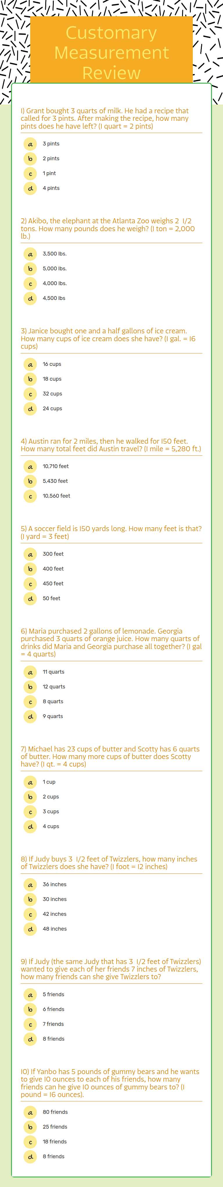 Customary Measurement Review worksheet preview image