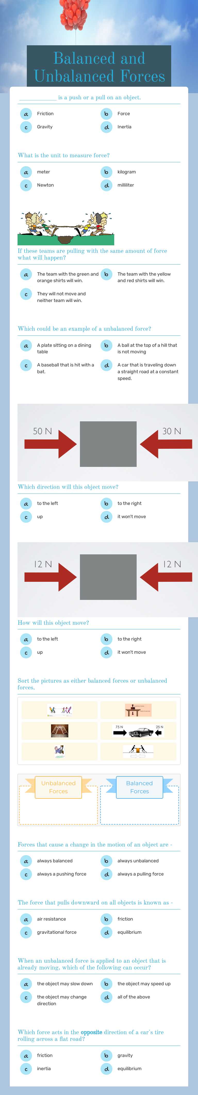 Balanced and Unbalanced Forces Grade 8 worksheet preview