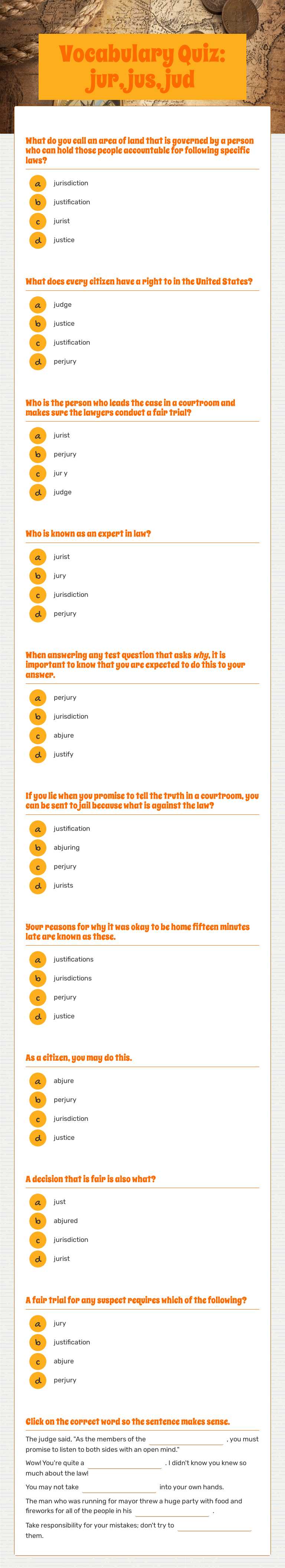 Vocabulary Quiz: jur, jus, jud worksheet preview image