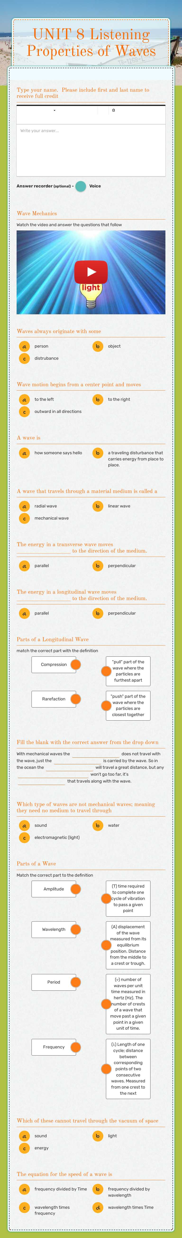 UNIT 8 Listening                        Properties of Waves Grade 8 worksheet preview