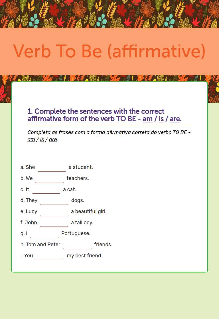 Verb To Be (affirmative) worksheet preview image